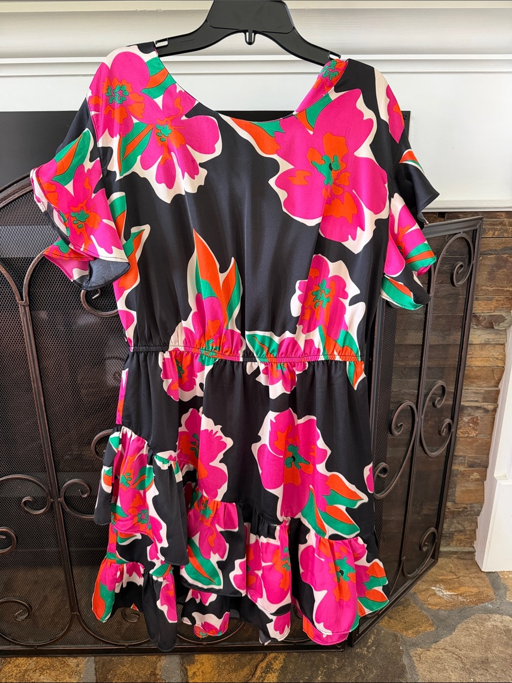 Ungee Black Dress with Bold Pink & Green Floral Print
